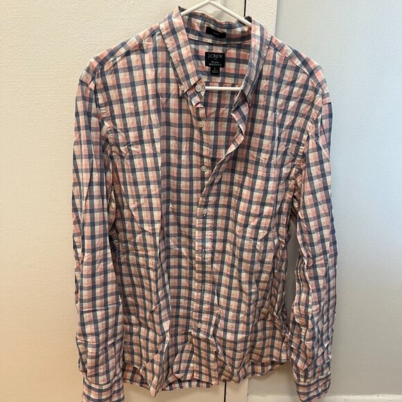 J.Crew Large Slim Fit Flex Washed Shirt Cotton Blend Pink Blue Checker - Picture 3 of 4